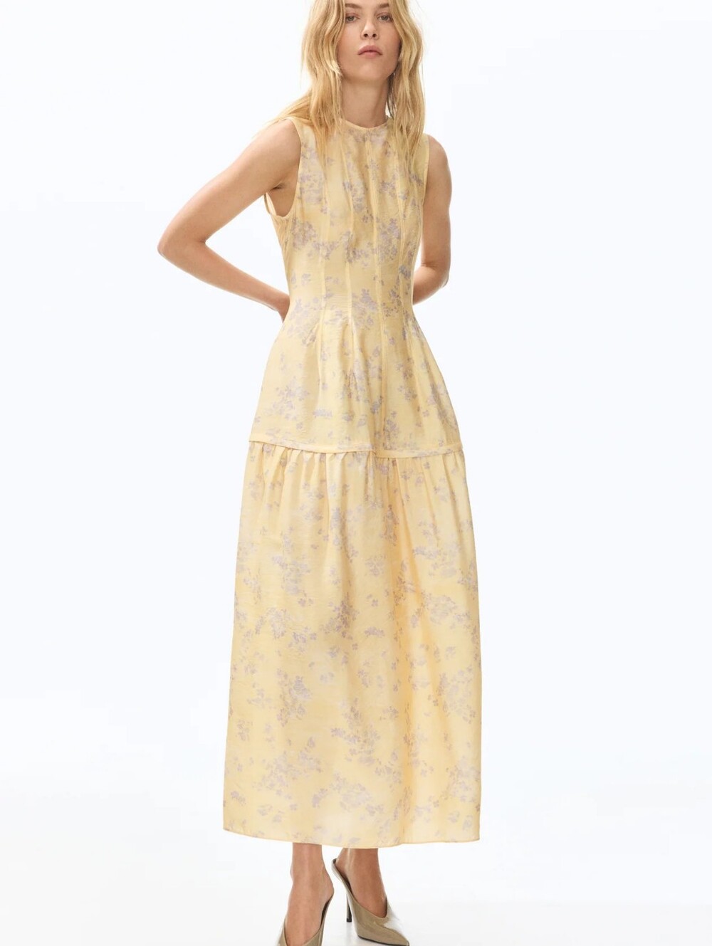 H&M Gracious patterned flared Maxi dress Yellow Blue Unlined See Through Bnwt